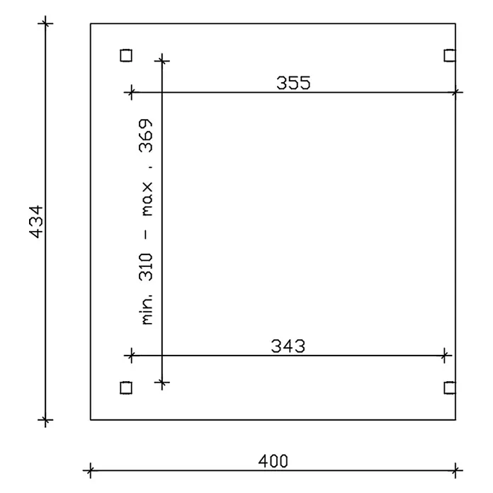 SKAN HOLZ Terrassenüberdachung Sanremo - B x T: 434 x 400 cm, Schiefergrau, Polycarbonat, Transparent - Technische Zeichnung einer quadratischen Platte, 434x400mm, mit vier Ecklöchern und detaillierten Innenmaßen, einschließlich eines variablen Bereichs.