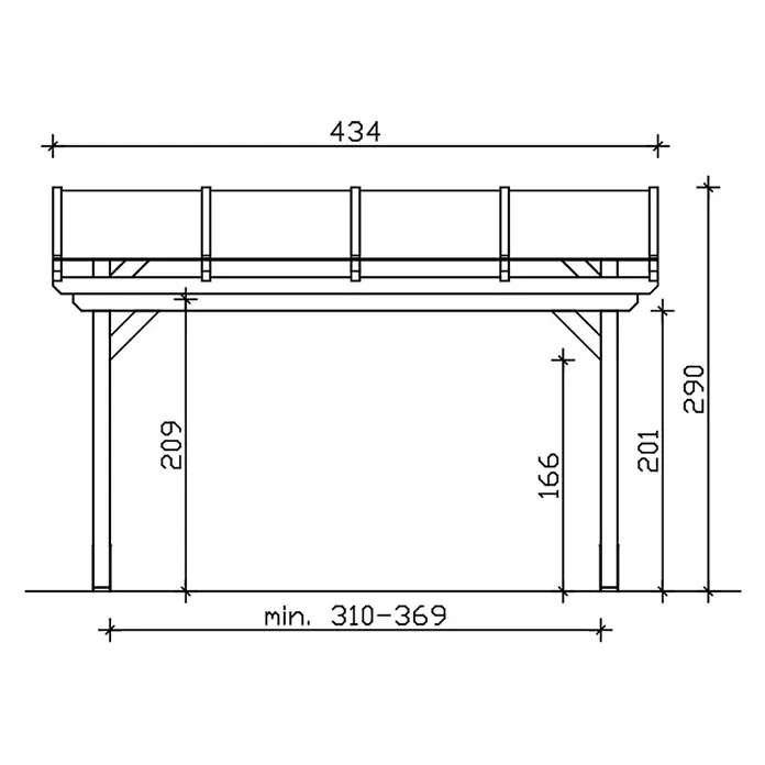 SKAN HOLZ Terrassenüberdachung Sanremo - B x T: 434 x 400 cm, Schiefergrau, Polycarbonat, Transparent - Technische Zeichnung einer erhöhten Plattformstruktur mit Geländer und Stützpfosten, mit Gesamtmaßen.