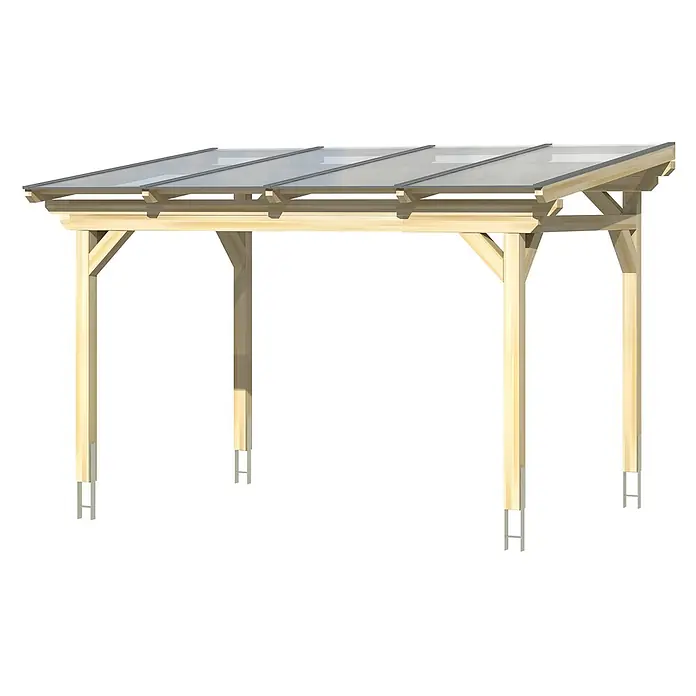 SKAN HOLZ Terrassenüberdachung Sanremo - B x T: 434 x 400 cm, Natur, Polycarbonat, Transparent - Holzpergola mit transparenten Dachplatten und Metallpfostenankern.