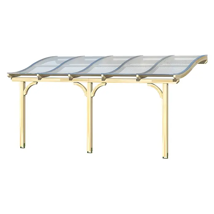 SKAN HOLZ Terrassenüberdachung Venezia - B x T: 541 x 339 cm, Natur, Polycarbonat, Transparent - Überdachung aus hellem Holz mit drei Pfosten und fünf gewölbten, transparenten Dachelementen.