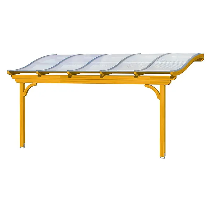 SKAN HOLZ Terrassenüberdachung Verona - B x T: 541 x 339 cm, Eiche hell, Polycarbonat, Transparent - Gelber Holz-Terrassenüberdachung mit einem klaren, gewölbten Wellendach.