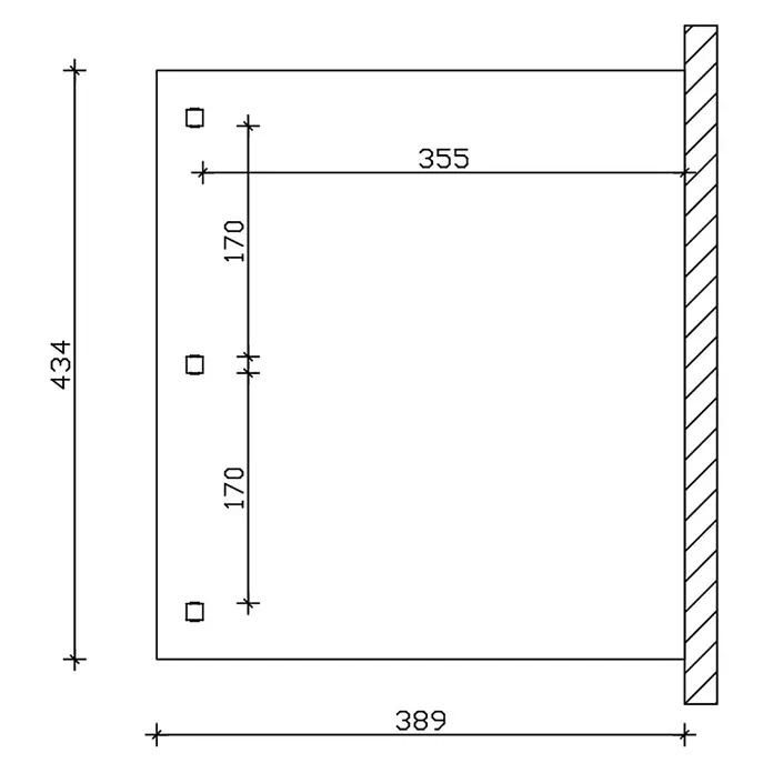 SKAN HOLZ Terrassenüberdachung Venezia - B x T: 434 x 389 cm, Eiche hell, Polycarbonat, Transparent - Maßzeichnung einer Montageplatte, 434mm hoch und 355mm breit, mit drei quadratischen Löchern, an einer Wand befestigt.