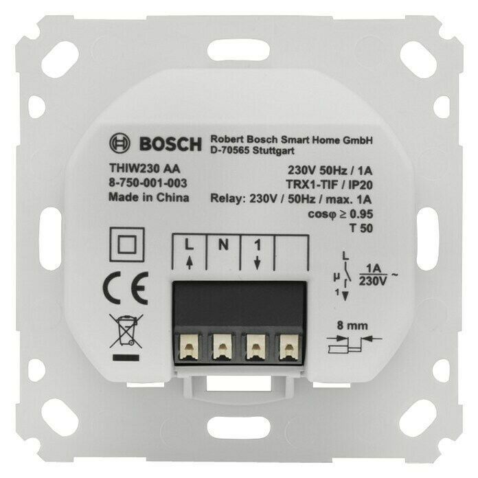 Bosch Smart Home Raumthermostat Fußbodenheizung230 V/50 Hz, Weiß, 8,6 x 8,6 x 5,4 cm Back View