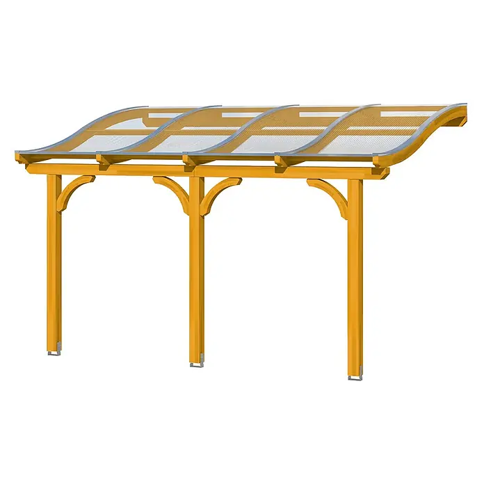 SKAN HOLZ Terrassenüberdachung Venezia - B x T: 434 x 389 cm, Eiche hell, Polycarbonat, Transparent - Hellbraune Holzpergola mit geschwungenem, lichtdurchlässigem Dach und gewölbten Stützen.