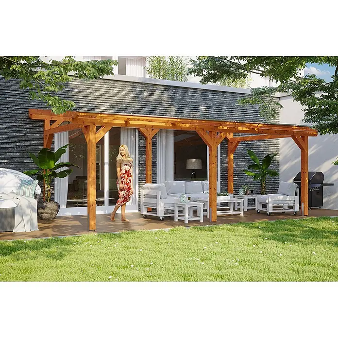 SKAN HOLZ Terrassenüberdachung Siena - B x T: 648 x 300 cm, Eiche hell, Polycarbonat, Transparent - Holzpergola mit transparentem Dach über einer Terrasse, die einen überdachten Außenwohnbereich schafft.