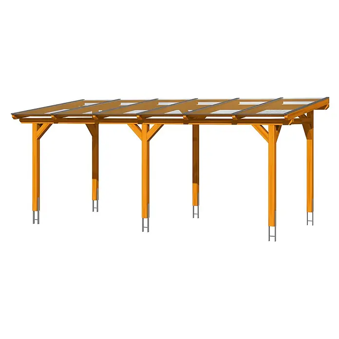 SKAN HOLZ Terrassenüberdachung Siena - B x T: 648 x 300 cm, Eiche hell, Polycarbonat, Transparent - Holzpergola mit transparentem Pultdach, getragen von sechs Pfosten mit Metall-Bodenankern.