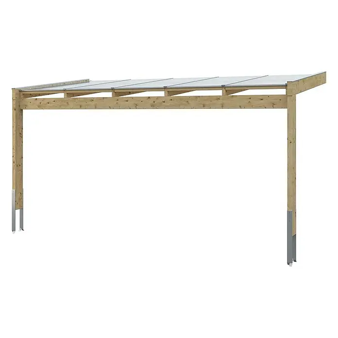 SKAN HOLZ Terrassenüberdachung Novara - B x T: 557 x 259 cm, Natur, Polycarbonat, Transparent - Hölzernes Carport mit Naturholzrahmen und transparenten Dachplatten, auf Metallfüßen stehend.