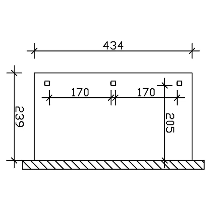 SKAN HOLZ Terrassenüberdachung Venezia - B x T: 434 x 239 cm, Anthrazit, Polycarbonat, Transparent - Technische Zeichnung einer 434x239 rechteckigen Platte mit drei oberen Quadraten und verschiedenen Maßen.