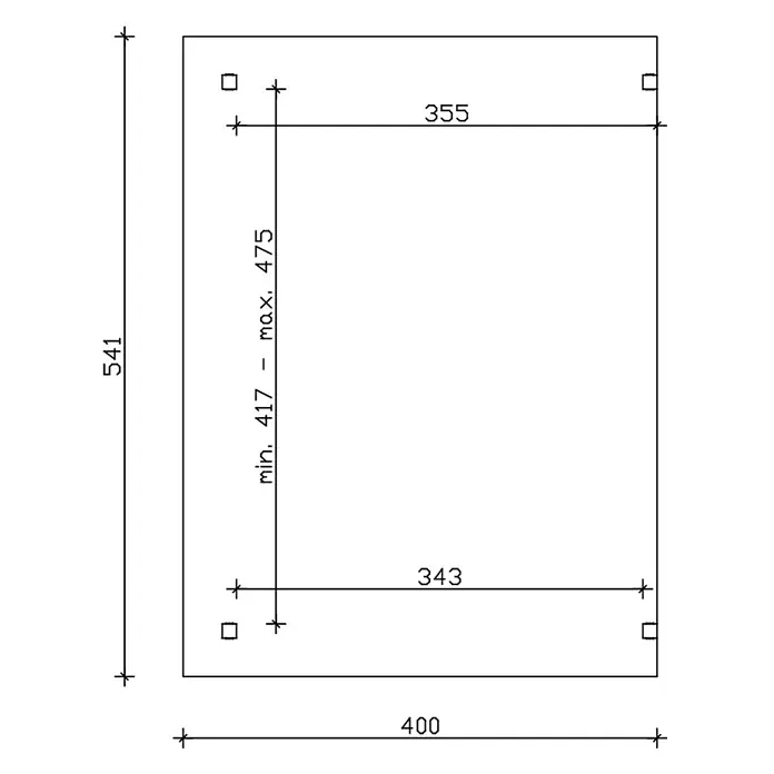 SKAN HOLZ Terrassenüberdachung Sanremo - B x T: 541 x 400 cm, Schiefergrau, Polycarbonat, Transparent - Technische Zeichnung einer rechteckigen Montageplatte mit vier quadratischen Eckaussparungen. Maße: 400x541mm, Innenlochabstände 343-355mm Breite, 417-475mm Höhe.