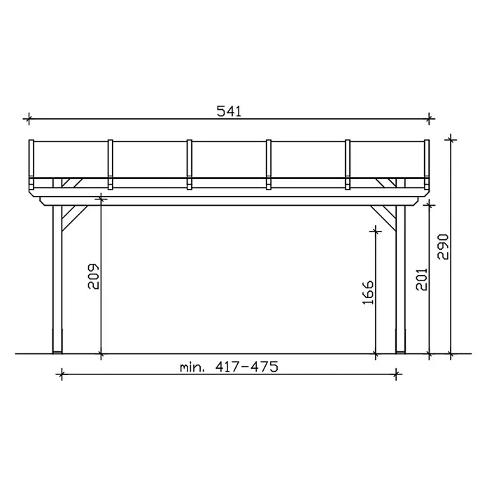 SKAN HOLZ Terrassenüberdachung Sanremo - B x T: 541 x 400 cm, Schiefergrau, Polycarbonat, Transparent - Detaillierter Bauplan einer erhöhten Plattform mit Geländer, zeigt Gesamtmaße und Pfostenhöhen an.