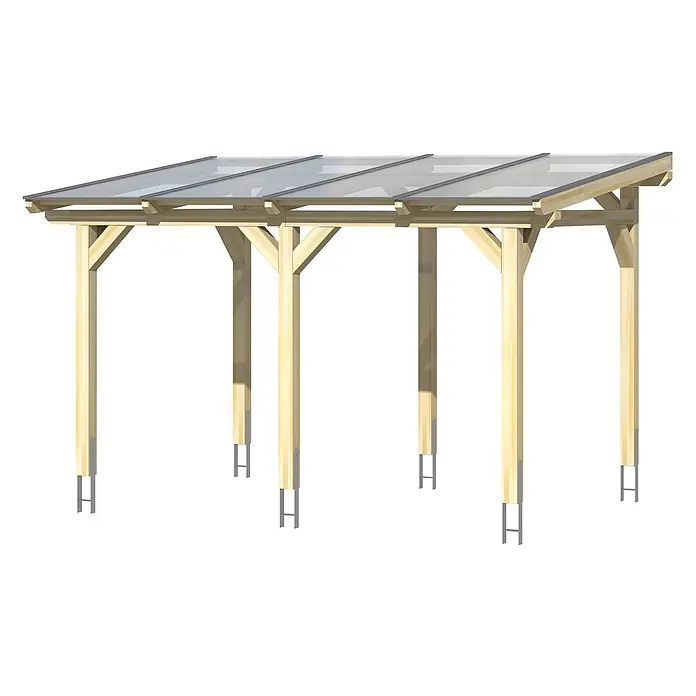 SKAN HOLZ Terrassenüberdachung Siena - B x T: 434 x 400 cm, Natur, Polycarbonat, Transparent - Holz-Carport mit transparentem Pultdach und Metallpfostenträgern.
