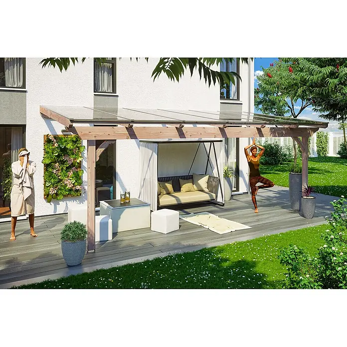 SKAN HOLZ Terrassenüberdachung Ravenna - B x T: 648 x 300 cm, Natur, Polycarbonat, Transparent - Holzpergola mit transparentem Dach überdacht eine Terrasse und schafft geschützten Außenbereich.