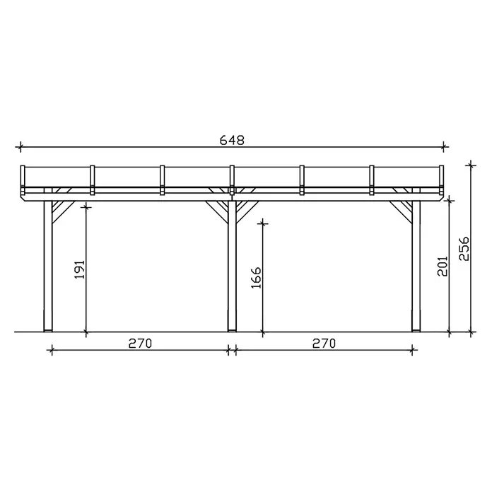 SKAN HOLZ Terrassenüberdachung Siena - B x T: 648 x 250 cm, Natur, Polycarbonat, Transparent - Technische Zeichnung eines erhöhten Holzdecks oder Plattformrahmens mit Stützen und Bemaßungen.