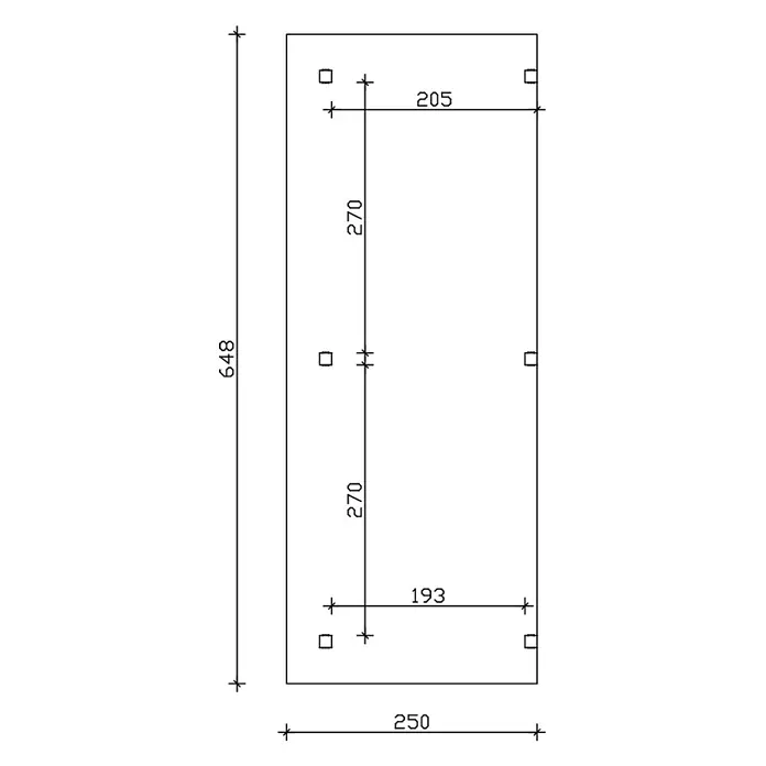 SKAN HOLZ Terrassenüberdachung Siena - B x T: 648 x 250 cm, Natur, Polycarbonat, Transparent - Technische Zeichnung einer rechteckigen Platte mit sechs Quadratlöchern, zeigt Maße und Positionen.