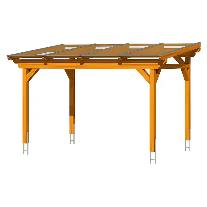 SKAN HOLZ Terrassenüberdachung Sanremo - B x T: 434 x 250 cm, Eiche hell, Polycarbonat, Transparent - Hölzerne Pergola mit geneigtem Transparentdach, gestützt von vier Pfosten mit Metallankern.