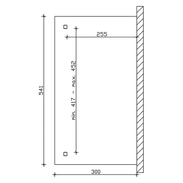 SKAN HOLZ Terrassenüberdachung Ravenna - B x T: 541 x 300 cm, Natur, Polycarbonat, Transparent - Montageskizze für ein rechteckiges Produkt mit Gesamtabmessungen (541x300) und einstellbaren Befestigungspunkten.