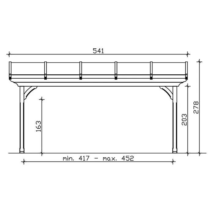 SKAN HOLZ Terrassenüberdachung Ravenna - B x T: 541 x 300 cm, Natur, Polycarbonat, Transparent - Technische Zeichnung einer Holzpergola oder eines erhöhten Hochbeetgestells mit Maßen.