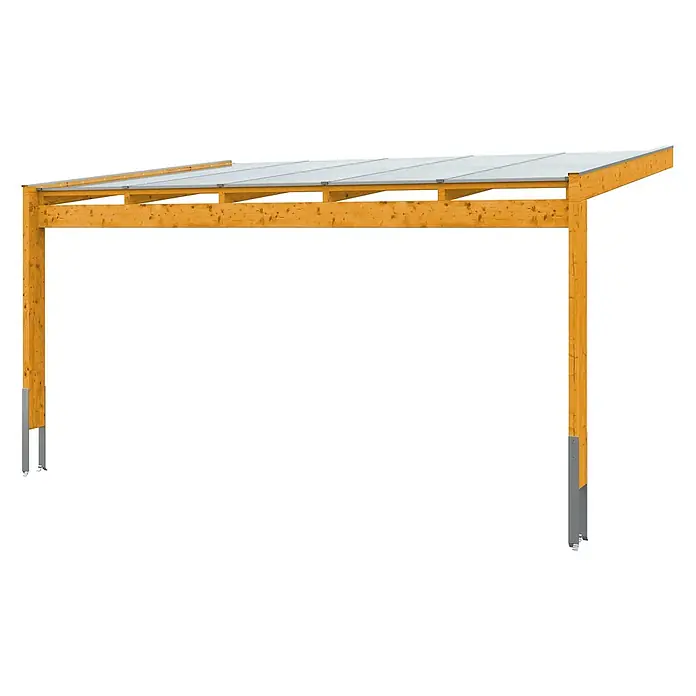 SKAN HOLZ Terrassenüberdachung Novara - B x T: 557 x 359 cm, Eiche hell, Polycarbonat, Transparent - Holzcarport mit transparentem Dach und Metallpfostenankern.