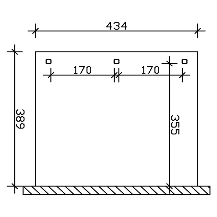 SKAN HOLZ Terrassenüberdachung Venezia - B x T: 434 x 389 cm, Anthrazit, Polycarbonat, Transparent - Technische Zeichnung einer rechteckigen Platte, 434x389mm, mit drei oberen quadratischen Löchern und Bemaßung.