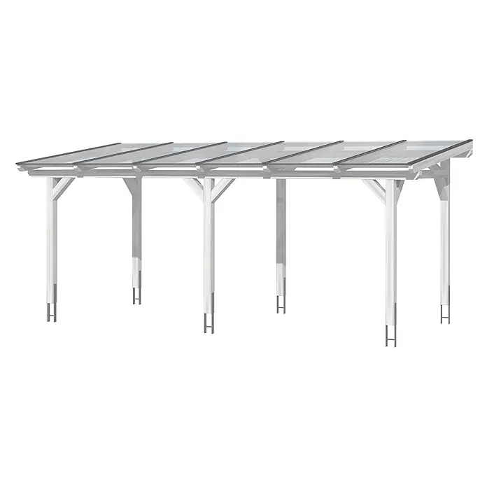SKAN HOLZ Terrassenüberdachung Siena - B x T: 648 x 350 cm, Weiß, Polycarbonat, Transparent - Weiße Holzpergola/Carport mit transparenten Dachpaneelen und Metallpfostenankern.