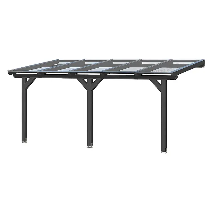 SKAN HOLZ Terrassenüberdachung Bormio - B x T: 541 x 400 cm, Anthrazit, Polycarbonat, Transparent - Dunkelgraue Metallüberdachung mit transparenten, schrägen Dachpaneelen und drei stabilen Stützpfosten.