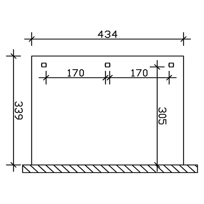 SKAN HOLZ Terrassenüberdachung Venezia - B x T: 434 x 339 cm, Anthrazit, Polycarbonat, Transparent - Technische Zeichnung eines rechteckigen Rahmens, 434 Einheiten breit und 339 Einheiten hoch, mit Innenmaßen und quadratischen Markierungen.