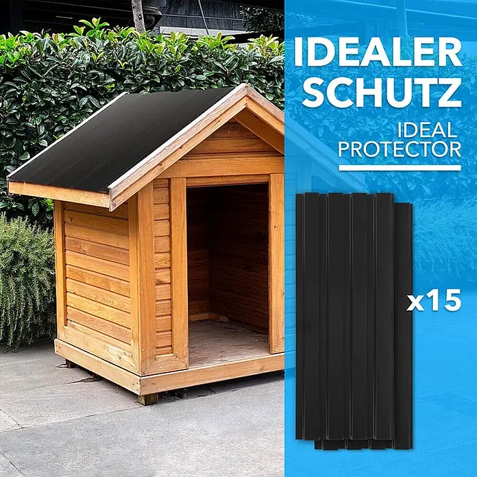 Floordirekt Terrassenüberdachung Trapezblech - 115 x 45 cm - 15er Set - Schwarz - Blech, Schwarz - Schwarze Wellplatten, 15 Stück, auf einem Hundehausdach montiert dargestellt.