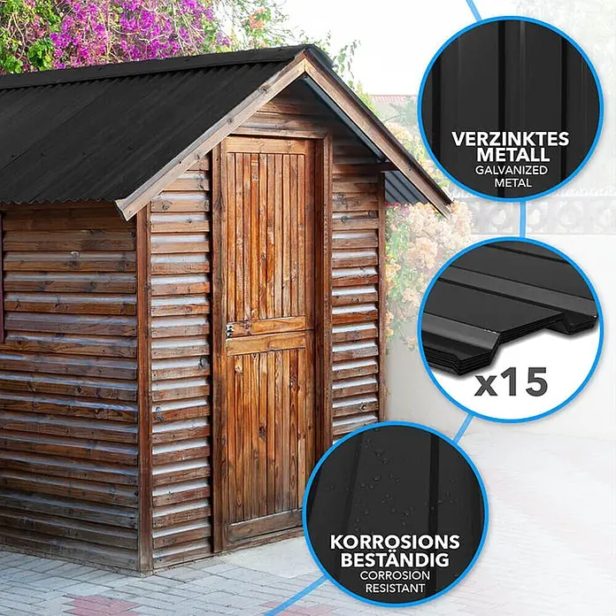 Floordirekt Terrassenüberdachung Trapezblech - 115 x 45 cm - 15er Set - Schwarz - Blech, Schwarz - Schwarze, gewellte verzinkte Metall-Dachplatten, korrosionsbeständig, auf einem Schuppen. Set mit 15 Stück.