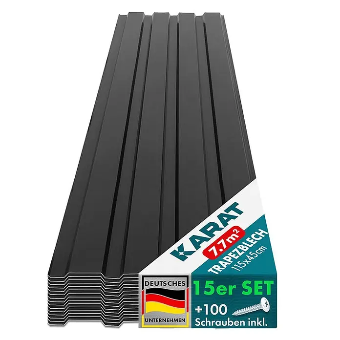 Floordirekt Terrassenüberdachung Trapezblech - 115 x 45 cm - 15er Set - Schwarz - Blech, Schwarz - Dunkelgraue profilierte Trapezbleche, ein 15er Set, inklusive 100 Schrauben zur Montage.