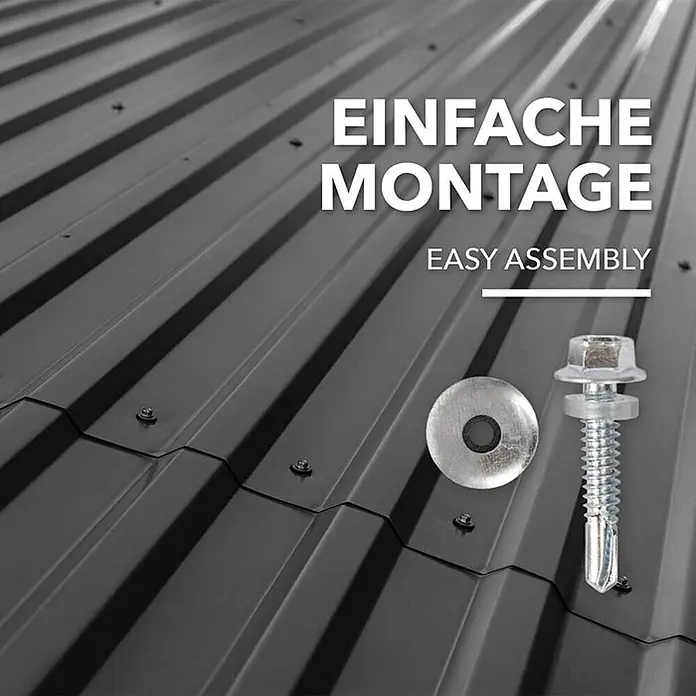 Floordirekt Terrassenüberdachung Trapezblech - 115 x 45 cm - 15er Set - Schwarz - Blech, Schwarz - Silberne selbstbohrende Metall-Dachschrauben mit Unterlegscheiben zur Montage auf schwarzem Wellblechdach.