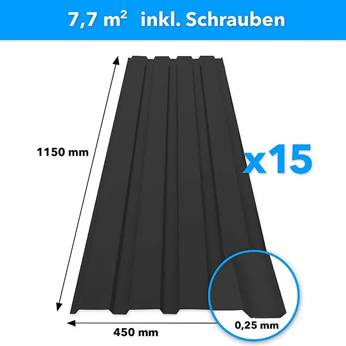 Floordirekt Terrassenüberdachung Trapezblech - 115 x 45 cm - 15er Set - Schwarz - Blech, Schwarz - 15 schwarze Wellblechplatten, 1150x450mm, 0,25mm dick, gesamt 7,7m², inkl. Schrauben.
