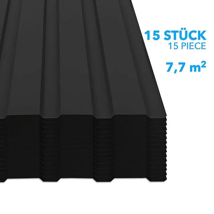 Floordirekt Terrassenüberdachung Trapezblech - 115 x 45 cm - 15er Set - Schwarz - Blech, Schwarz - Stapel schwarzer Wellblechplatten für Dächer.