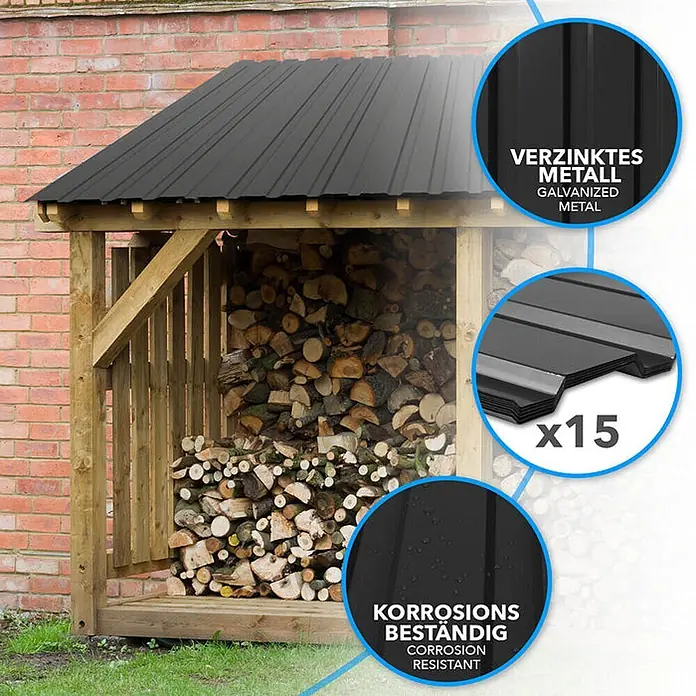 Floordirekt Terrassenüberdachung Trapezblech - 115 x 45 cm - 15er Set - Schwarz - Blech, Schwarz - Hölzernes Kaminholzregal mit schwarzem Wellblechdach, gefüllt mit Holzscheiten. Aus verzinktem, korrosionsbeständigem Metall.