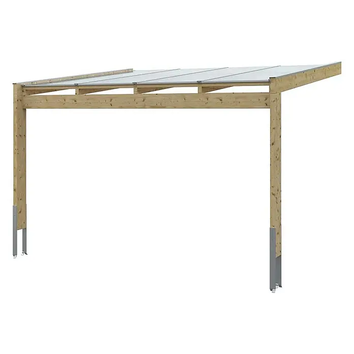 SKAN HOLZ Terrassenüberdachung Novara - B x T: 450 x 359 cm, Natur, Polycarbonat, Transparent - Hölzerner Carport mit hellem Holzrahmen, lichtdurchlässigem Dach und Metallpfostenstützen.