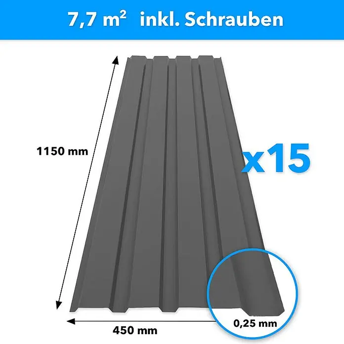 Floordirekt Terrassenüberdachung Trapezblech - 115 x 45 cm - 15er Set - Dunkelgrau - Blech, Grau - Dunkelgraue Trapezbleche, 1150x450x0,25mm, 15 Stück für 7,7 m², inkl. Schrauben.