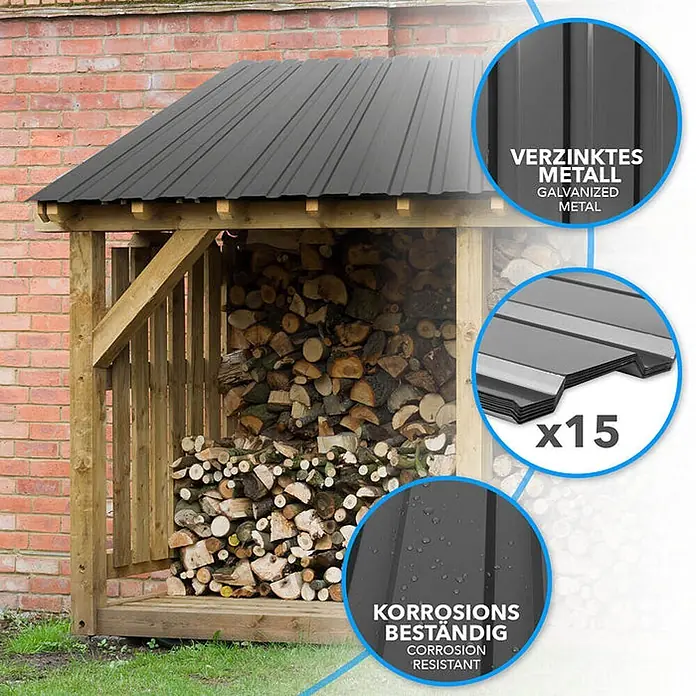 Floordirekt Terrassenüberdachung Trapezblech - 115 x 45 cm - 15er Set - Dunkelgrau - Blech, Grau - Holzunterstand gefüllt mit Brennholz, mit einem dunkelgrauen, gewellten Dach aus verzinktem, korrosionsbeständigem Metall.