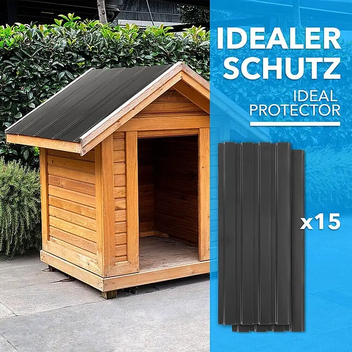 Floordirekt Terrassenüberdachung Trapezblech - 115 x 45 cm - 15er Set - Dunkelgrau - Blech, Grau - Schwarze Wellblech-Schutzplatten (x15), teilweise auf einem Hundehausdach montiert, der Rest gestapelt.