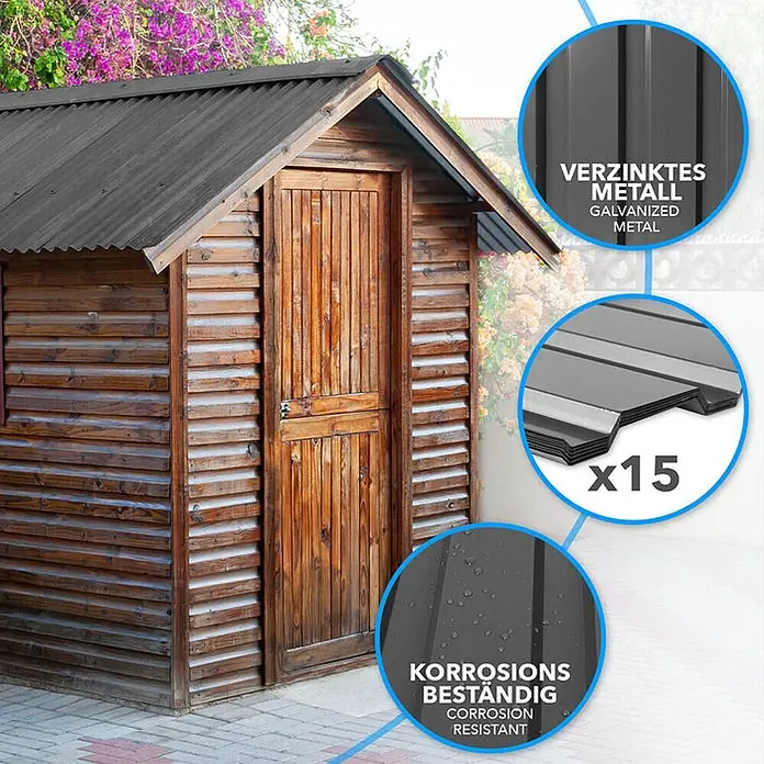 Floordirekt Terrassenüberdachung Trapezblech - 115 x 45 cm - 15er Set - Dunkelgrau - Blech, Grau - Dunkelgraue, verzinkte Wellblechdachplatten, korrosionsbeständig, als 15er-Pack, ideal für Schuppen.