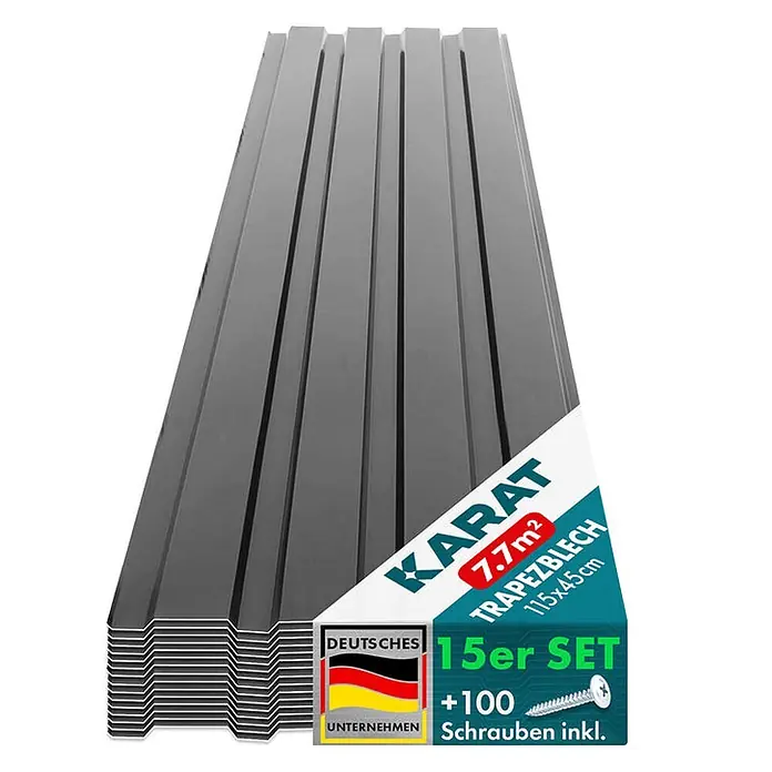 Floordirekt Terrassenüberdachung Trapezblech - 115 x 45 cm - 15er Set - Dunkelgrau - Blech, Grau - Dunkelgraue Trapezbleche, 15er Set inklusive 100 Schrauben.