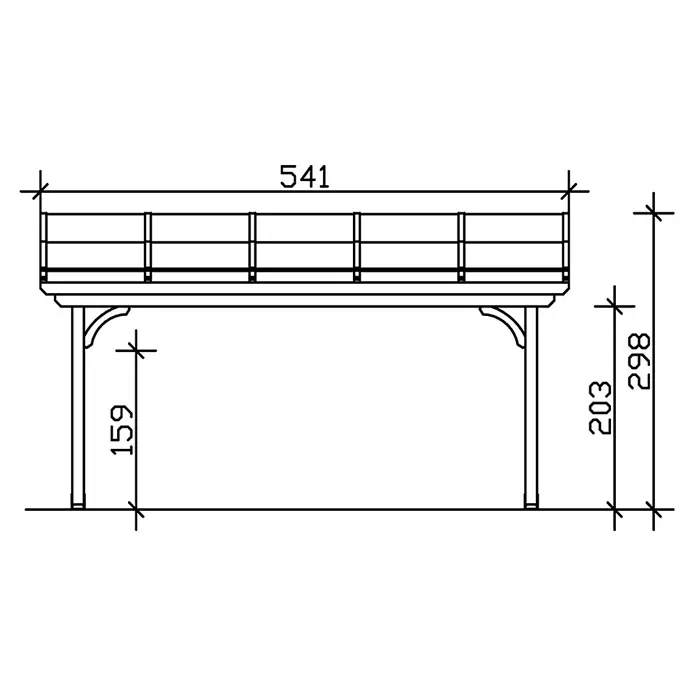 SKAN HOLZ Terrassenüberdachung Verona - B x T: 541 x 289 cm, Anthrazit, Polycarbonat, Transparent - Technische Zeichnung eines erhöhten Stegs mit Geländer und Maßen.
