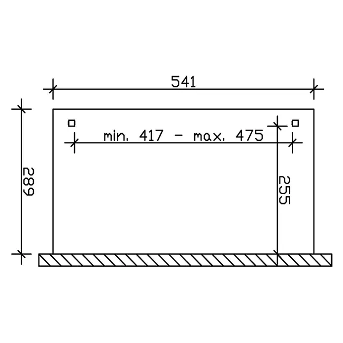 SKAN HOLZ Terrassenüberdachung Verona - B x T: 541 x 289 cm, Anthrazit, Polycarbonat, Transparent - Maßzeichnung eines Montagerahmens mit Gesamtmaßen 541x289, Innenhöhe 255 und einstellbarer Breite 417-475.