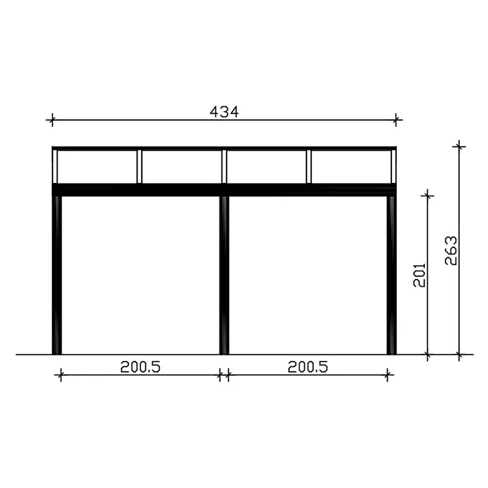 SKAN HOLZ Terrassenüberdachung Garda - B x T: 434 x 357 cm, Anthrazit, Polycarbonat, Transparent - Technische Zeichnung eines schwarzen Zweifachrahmens mit Abmessungen: 434 (B), 263 (H).