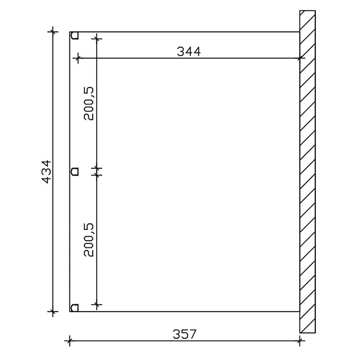 SKAN HOLZ Terrassenüberdachung Garda - B x T: 434 x 357 cm, Anthrazit, Polycarbonat, Transparent - Technische Zeichnung eines rechteckigen Wandrahmens mit Maßen 434, 200,5, 344 und 357 Einheiten.