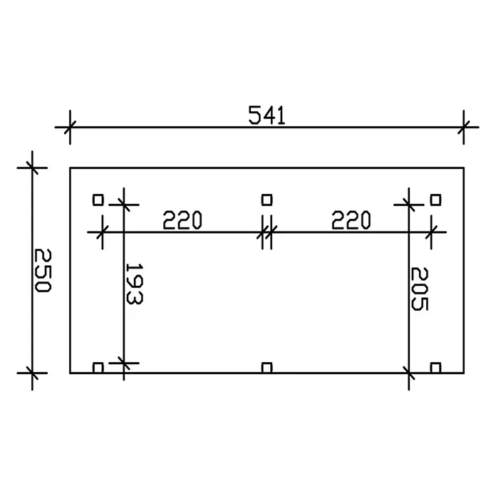 SKAN HOLZ Terrassenüberdachung Siena - B x T: 541 x 250 cm, Anthrazit, Polycarbonat, Transparent - Technische Zeichnung einer rechteckigen Platte, 541x250mm, mit maßhaltigen quadratischen Löchern und Befestigungspositionen.