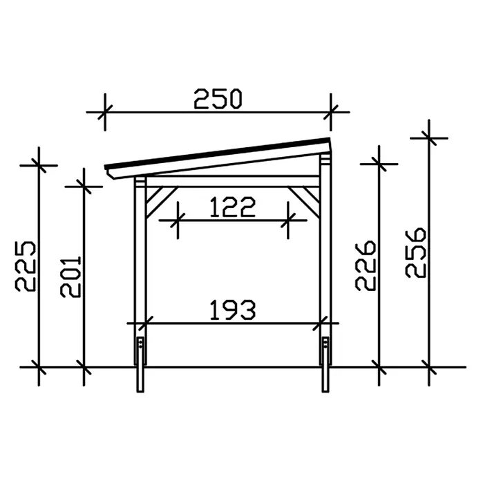 SKAN HOLZ Terrassenüberdachung Siena - B x T: 434 x 250 cm, Anthrazit, Polycarbonat, Transparent - Technischer Plan eines Unterstands mit Pultdach, diverse Maße angegeben.