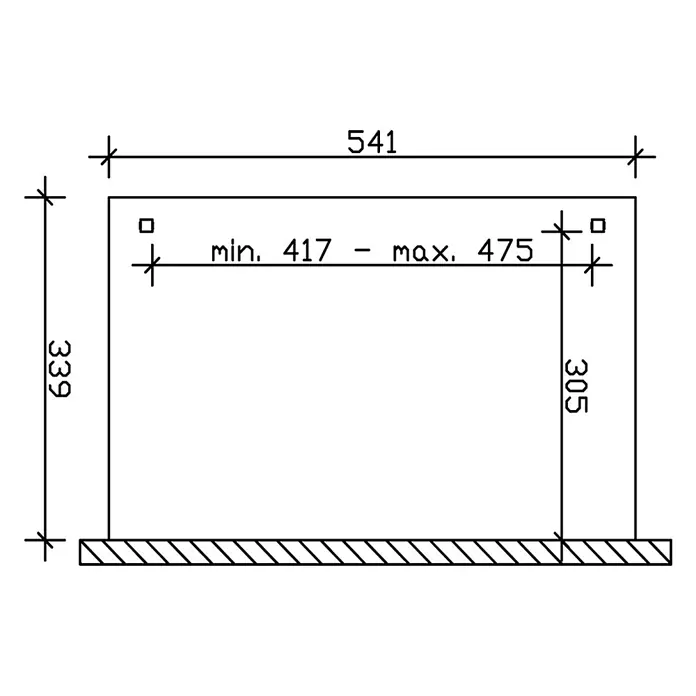 SKAN HOLZ Terrassenüberdachung Verona - B x T: 541 x 339 cm, Anthrazit, Polycarbonat, Transparent - Technische Zeichnung eines rechteckigen Rahmens mit Gesamtmaßen von 541x339 und innenliegender einstellbarer Breite von 417-475 mm bei 305 mm Höhe.