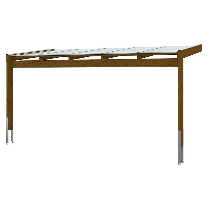 Terrassenüberdachung Novara 557 x 259 cm, Leimholz, nussbaum -  - Braunes Holzcarport mit durchscheinenden Dachplatten und Metallpfostenfüßen.