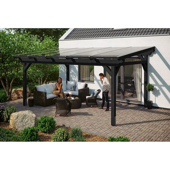 SKAN HOLZ Terrassenüberdachung Sanremo - B x T: 541 x 300 cm, Anthrazit, Polycarbonat, Transparent - Schwarze Pergola mit transparentem Dach, am Haus befestigt, überdacht einen Sitzbereich im Freien und spendet Schutz.