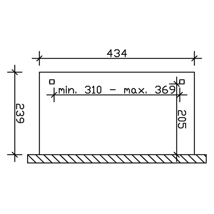 SKAN HOLZ Terrassenüberdachung Verona - B x T: 434 x 239 cm, Anthrazit, Polycarbonat, Transparent - Technische Zeichnung mit Maßen eines rechteckigen Rahmens: Breite 434, Höhe 239, interne variable Breite 310-369, interne Höhe 205.