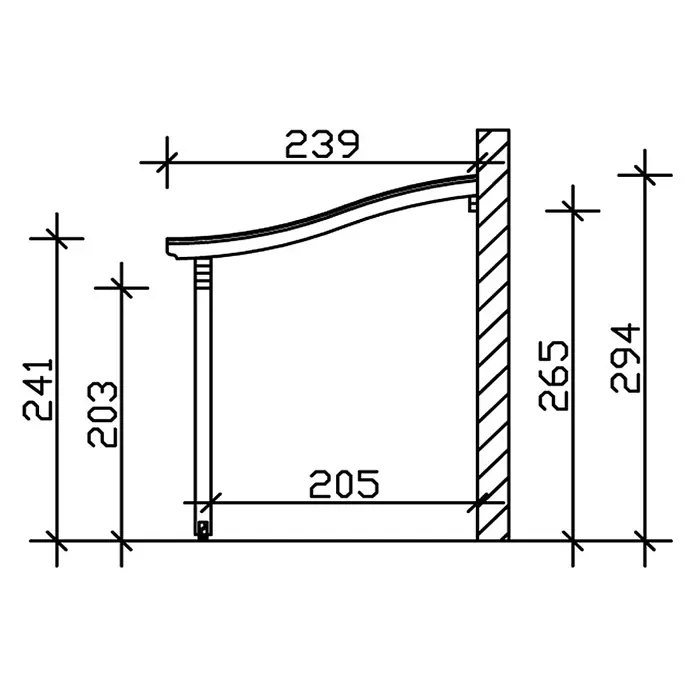 SKAN HOLZ Terrassenüberdachung Verona - B x T: 541 x 239 cm, Anthrazit, Polycarbonat, Transparent - Technische Zeichnung einer wandmontierten Halterung mit geschwungenem Arm und Maßen.
